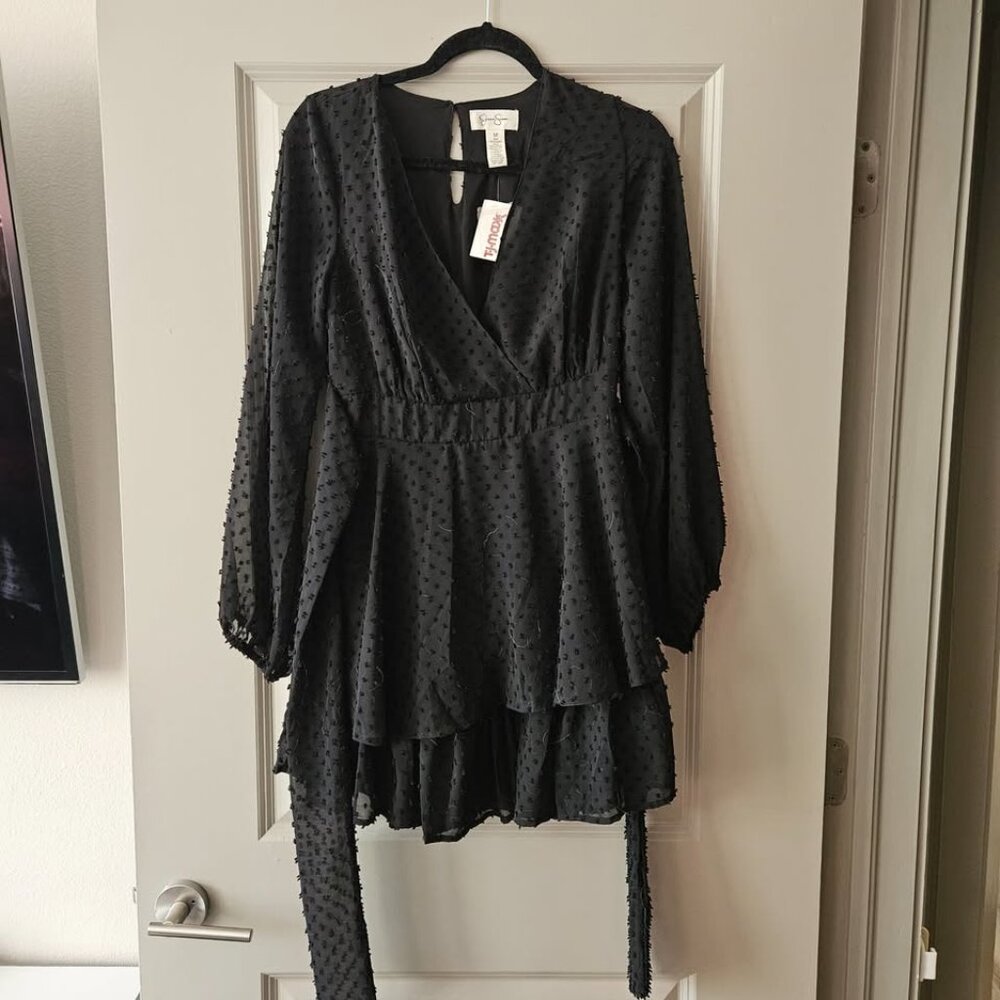 Jessica Simpson Black V Neck Dress with sheer sleeves size Medium